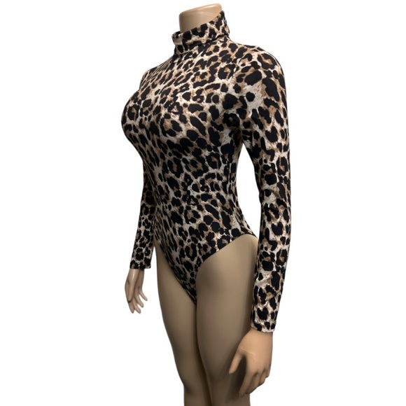 Leopard Print Bodysuit Turtleneck Long Sleeve full bottom brown tan,black size L - Picture 7 of 17